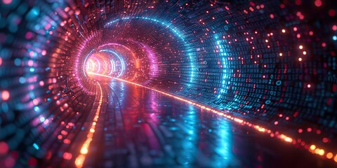 Fototapeta premium abstract neon lights into digital technology tunnel of futuristic technology with lines for network big data data center server internet speed