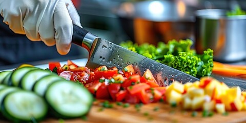 A chefs hand, wearing a white glove, uses a sharp knife to cut fresh vegetables on a cutting board