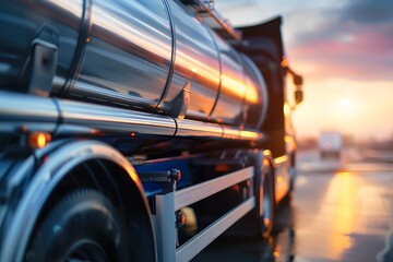 Close-Up of Shiny Tanker Truck at Sunset with Reflective Metal Surfaces