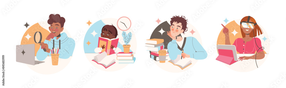 Wall mural Learning People Character Sitting at Desk with Book and Computer Studying and Gaining Knowledge Vector Set