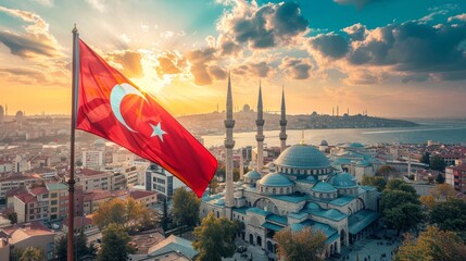 The flag of turkey flamental on the background istanbul city, with buildings and mosque, sea view and sun shine, travel concept