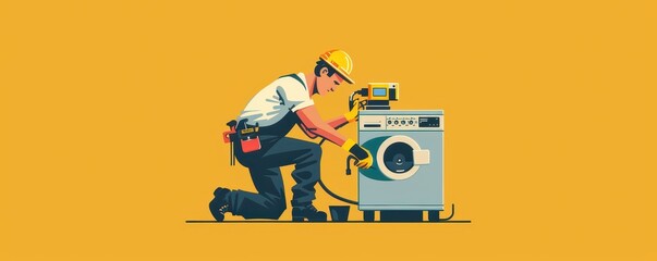 Minimal style illustration of a repairman working on a small appliance