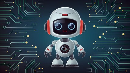 Adorable set of robot AI characters with a background of circuitry