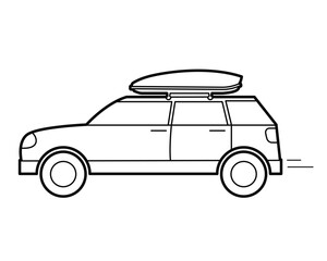 Car with roof carrier. Roof box. Load trip. Family station wagon for travel. Outline illustration.