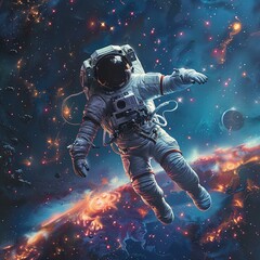 Fototapeta premium A lone astronaut in a white spacesuit floats in the vast expanse of space. The background is filled with a stunning array of colorful cosmic phenomena including bright stars, distant planets, and vibr