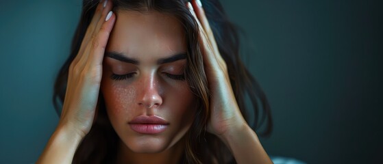 A beautiful woman with closed eyes and a serene expression, holding her head with both hands.
