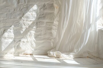 White curtain on stone wall by window