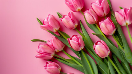 Bright pink tulips arranged on a pastel pink background, showcasing the beauty of spring flowers with vibrant colors and green leaves.