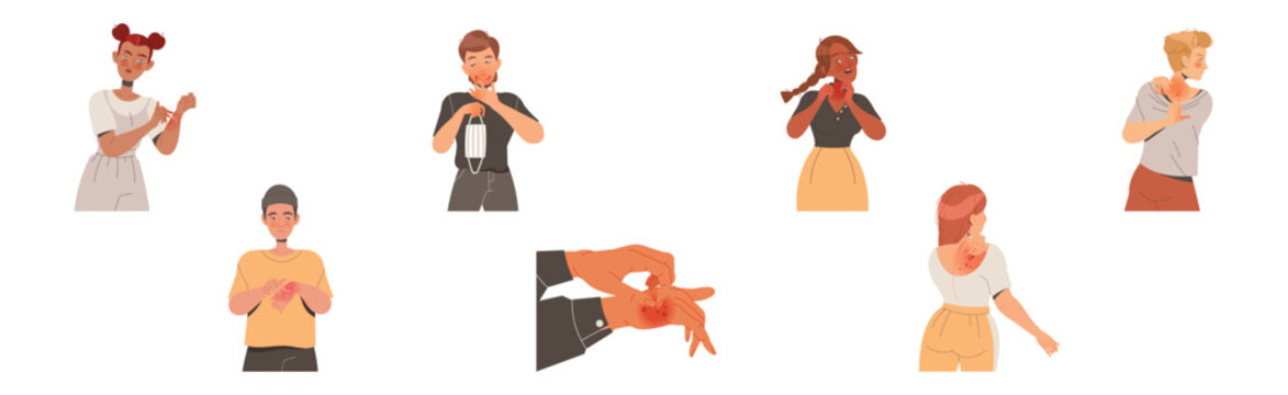 People Characters Suffering from Neurodermatitis Itching, Excessive Rubbing and Scratching Skin Vector Set