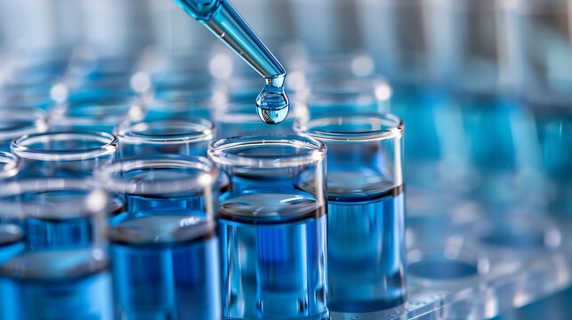 Laboratory Setting with Test Tubes Filled with Blue Liquid and Pipette