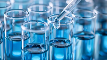 Laboratory Setting with Test Tubes Filled with Blue Liquid and Pipette