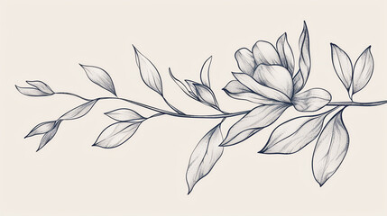 Elegant black and white sketch of a blooming flower on a branch. Minimalist floral art for interior decor and design inspirations.