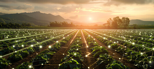 Connected Farm, A farm with interconnected AI devices, healthy crops, and a backdrop of natural beauty.