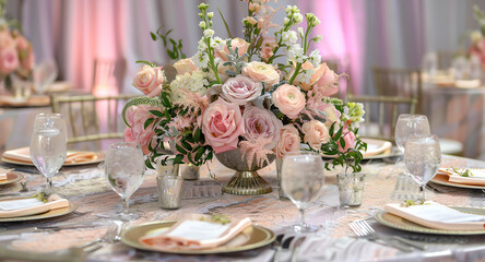 Fototapeta premium close up of wedding reception table setting with flower arrangements,