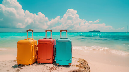 Vibrant luggage on a tropical beach with turquoise water, perfect for travel, vacation, or summer holiday imagery.