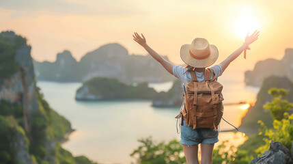 Woman with backpack and hat enjoying scenic view of mountains and sea during sunrise, embracing nature and travel adventures.