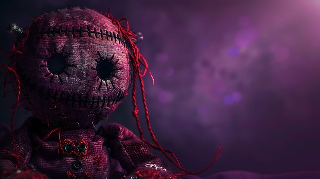 A cute looking but dangerous voodoo doll dark purple background