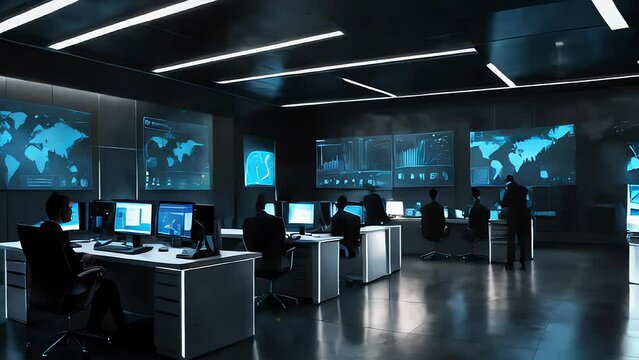 cybersecurity team conducting a breach response drill. The image should feature advanced security systems, biometric authentication, and a focus on teamwork and preparedness.