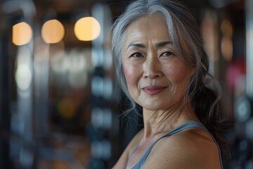 Joyful Senior Asian Woman Embracing Fitness and Health at the Gym - Generative ai