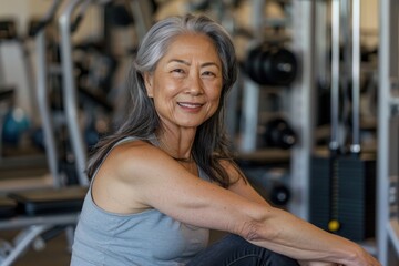 Obraz premium Joyful Senior Asian Woman Embracing Fitness and Health at the Gym - Generative ai