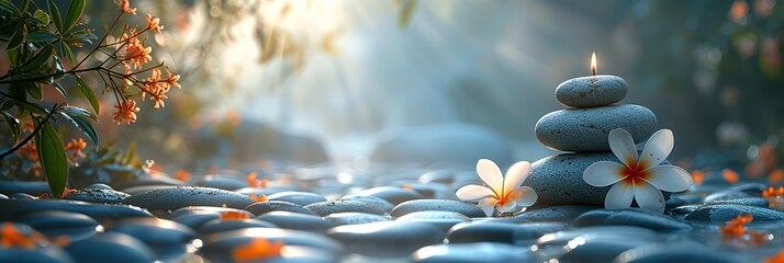 Banner, Meditation paraphernalia, relaxation center, Thai massage, rock balancing, towel rolled into a roller, flowers, candles and water for relaxation. space for text