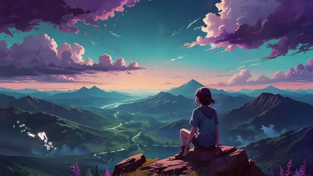 A Girl With Purple Fantasy Lofi Landscape Glow, Love Passion 2D Japanese Anime Style 4K Seamless Loop Hip-hop Chill Vibes Relaxing Music Lofi Bites Vaporwave Animation