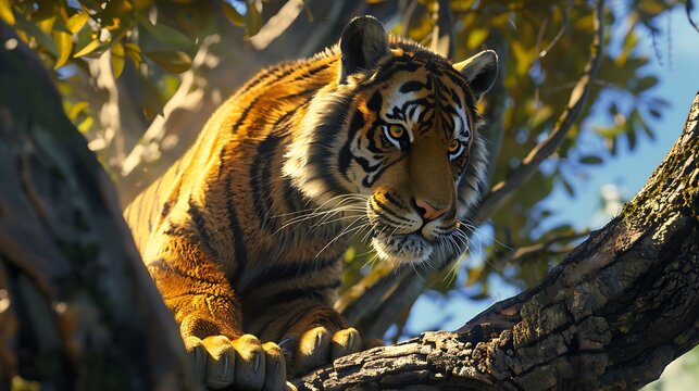 A female tiger climbe on tree side view