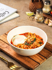Indonesian chicken soup with noodles, turmeric and ginger (Soto Ayam). Indonesian beef noodles soup (Mie kocok). Seafood Fried Noodles (Mie Goreng - Malay style stir-fried noodles with spicy seafood.