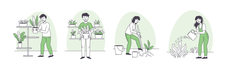 People Character Planting Growing and Cultivating House Greenery Outline Vector Set