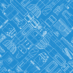 Mechanical engineering drawings on blue background. Tap tools, borer. Technical Design. Cover. Blueprint. Seamless pattern. Vector illustration.