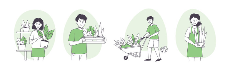 People Character Planting Growing and Cultivating House Greenery Outline Vector Set