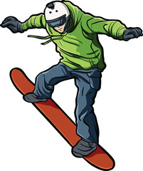 Snowboarder in Action with Green Jacket