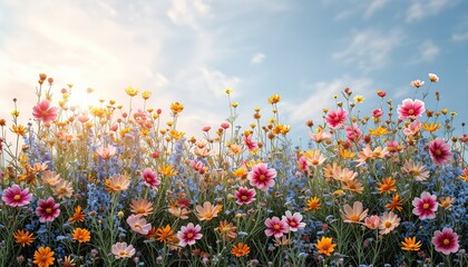 Mockup, A frame of summer wildflowers on a light background, colorful flowers with leaves