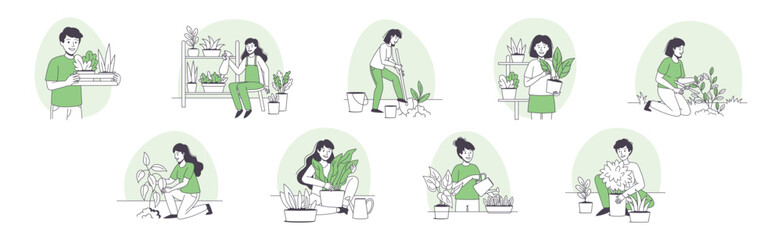People Character Planting Growing and Cultivating House Greenery Outline Vector Set