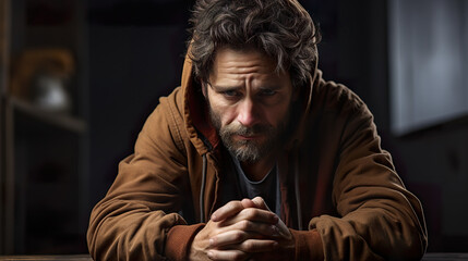 A depressed individual sitting in the living room Set off against a background.