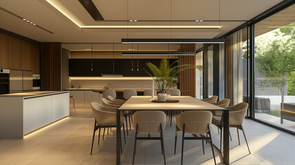 Fototapeta premium dining room with modern decorations, minimalist furniture, and natural lighting.