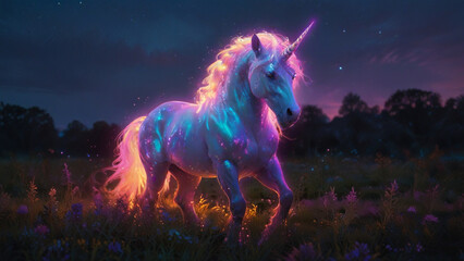 Obraz premium Wallpaper of A graceful unicorn with a shimmering mane standing in a mystical meadow, with magical sparkles and soft wind movements