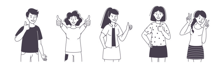 People Character Showing Positive Hand Gesture Demonstrating Emotion Outline Vector Set