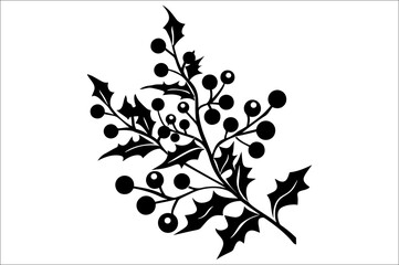 Holly berry set vector silhouette illustration. Christmas holly leaves. Black silhouette of Holly berry.