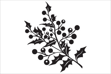 Holly berry set vector silhouette illustration. Christmas holly leaves. Black silhouette of Holly berry.