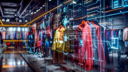 Modern clothing store with interactive digital displays and garments
