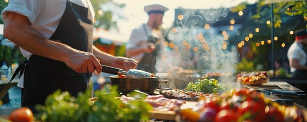 Outdoor cooking competition with celebrity chefs, judges and culinary creations, 4K hyperrealistic photo.