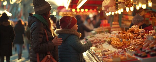 Family visiting a fair for National Cake Day, November 26th, enjoying various cakes and desserts, 4K hyperrealistic photo.