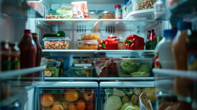 A well-organized refrigerator with various food items, including fresh produce, drinks, and prepared meals, neatly arranged on the shelves. - Powered by Adobe