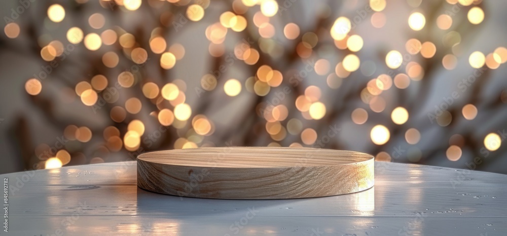 Wall mural wooden round platform with branch on white tabletop with bokeh lights