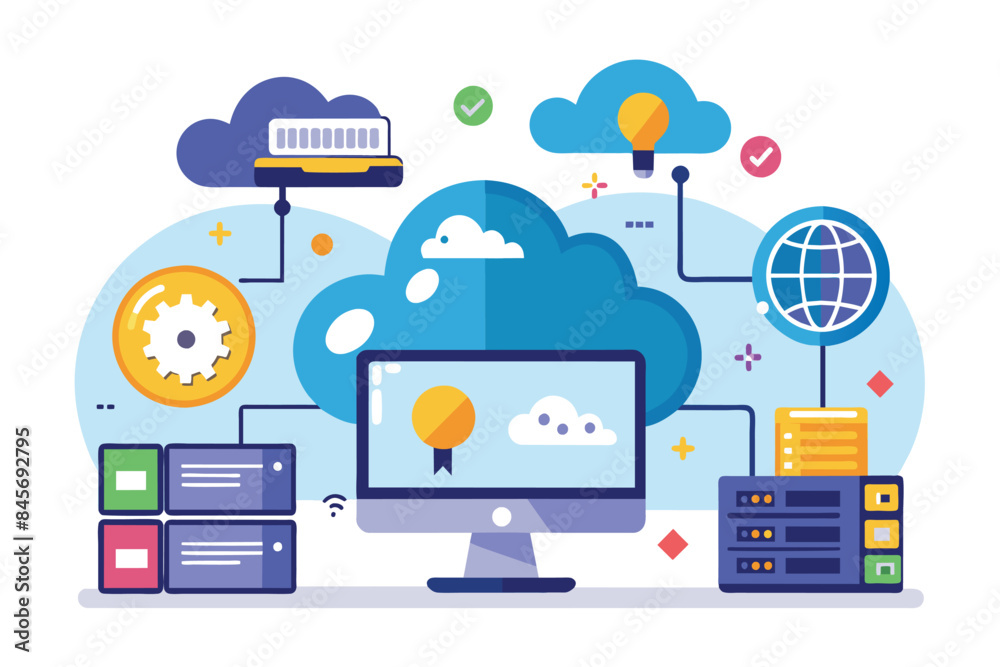 Poster an illustration depicting a cloud computing network. it features a desktop computer, server, and mul