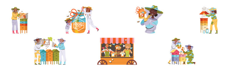 Equipped Beekeeper or Apiarist Gathering Sweet Honey from Beehive Vector Set