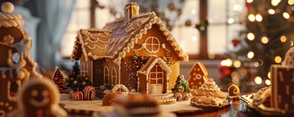 Family decorating their home for National Gingerbread Day, November 21st, making gingerbread houses, 4K hyperrealistic photo.
