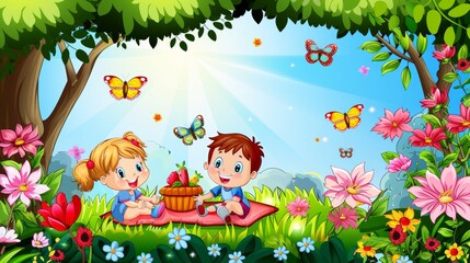 Joyful family picnic amidst nature s beauty  sunlit park with blossoms and butterflies