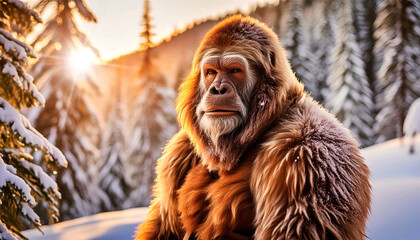 Portrait of the legendary creature called Bigfoot, Sasquatch or Yeti with the appearance of a large man resembling a monkey, looking at camera in a mountain forest during winter. Generative Ai.